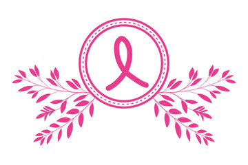 breast cancer campaign ribbon in circular frame with leafs