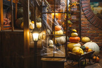 Naklejka premium Festive mystical halloween interior. A lot of different pumpkins. Spider web, candles, spiders