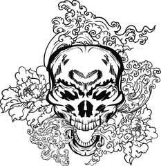 Japanese Demon's mask tattoo design full back body.The Oni mask with water splash and peony flower,cherry blossom and peach blossom on cloud background.