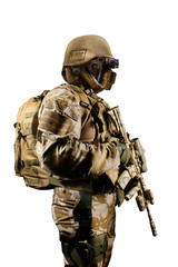 Isolated futuristic desert camouflage robot soldier standing with rifle on white background.