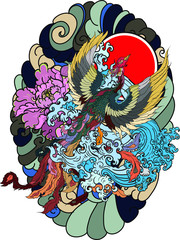 Japanese peacock tattoo.Asian Phoenix fire bird tattoo design.Colorful Phoenix fire bird colouring book illustration.Hand drawn Japanese tattoo style.
