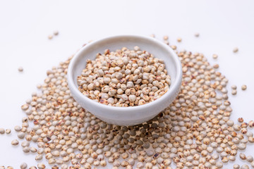 Uncooked raw Sorghum (also known as sorgo) in a white bowl, isolated on white background