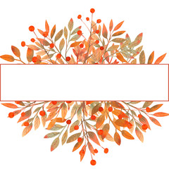 Rectangular frame with autumn leaves on white isolated background . Watercolor illustration.