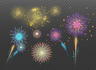Firecracker sparks. Holiday firework explosion in night. Happy new year and Holidays decoration set isolated. Explosion firecracker. - obrazy, fototapety, plakaty
