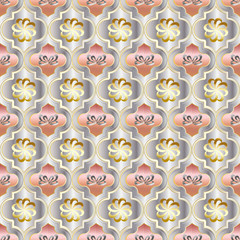 colorful moroccan seamless beautiful geometric tile with metallic rose gos and silver and floral design elements. for luxury rich backgrounds, wallpapers and backdrops. festive seamless design