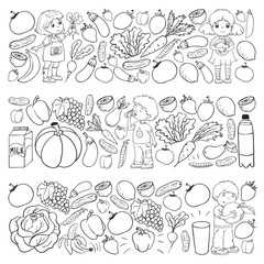 Vector pattern with children eating healthy food. Fruits and vegetables. Kids like milk, dairy products. Pattern for store, mall, menu, cafe, restaurants.