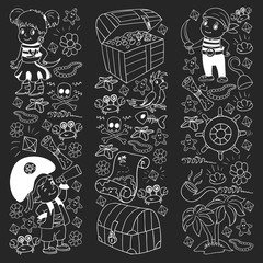 Vector set with pirate elements for birthday party for little children. Kids pattern with octopus, beach, treasure chest, ship