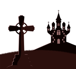 halloween dark castle in cemetery scene icon