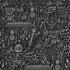 Vector seamless pattern with musical intstruments. Rock, jazz, disco, karaoke. Modern and classic music. Doodle style icons.