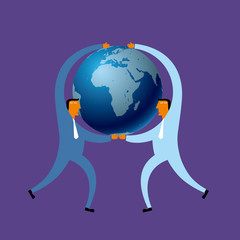 Two businessmen carry the earth. Isolated on purple background.