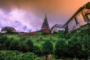 Background view of close-up tourist attractions, Landmark in Chiang Mai, near Doi Inthanon (Pra Mahatat Noppamethanedon and Pra Mahatat Nopphonphusiri), Thailand.