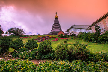 Background view of close-up tourist attractions, Landmark in Chiang Mai, near Doi Inthanon (Pra Mahatat Noppamethanedon and Pra Mahatat Nopphonphusiri), Thailand.