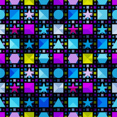 psychedelic geometric objects on a black background seamless pattern illustration