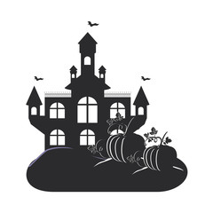 halloween dark castle with pumpkins scene icon