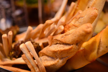 basket of miscellaneous bread, breads background