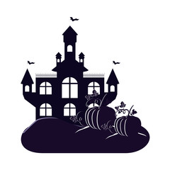 halloween dark castle with pumpkins scene icon