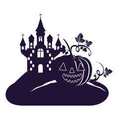 halloween dark castle with pumpkin scene icon