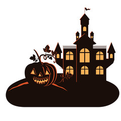 halloween dark castle with pumpkin scene icon