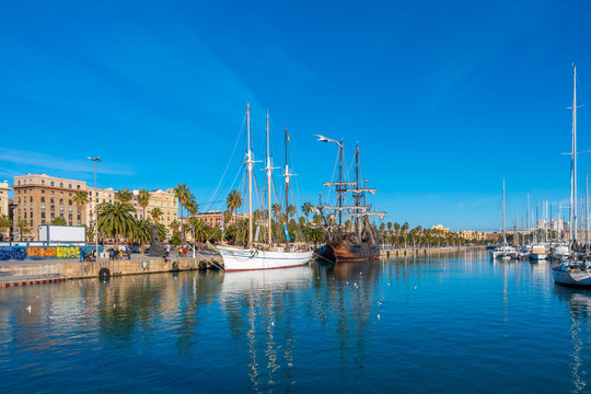 Barcelona,Spain - Dic 02, 2018: Santa Eulalia is a schooner on Moll de la Fusta in Barcelona, Catalonia, Spain.