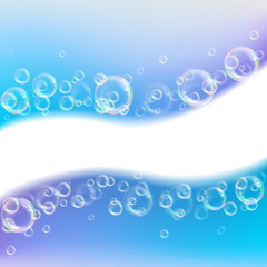 Realistic transparent floating soap bubbles with rainbow reflection. Design element for advertising booklet, flyer or poster