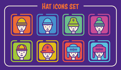 Set of colored line icons in the form of heads in caps with faces. All layers are divided into face (background and lines), cap (background and lines), background icons. Simple color change