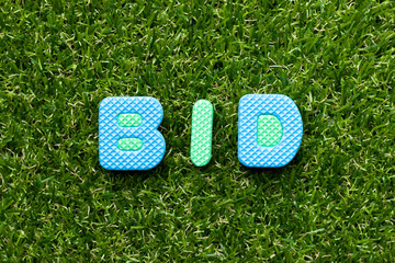 Toy foam letter in word bid on green grass background