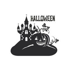 halloween dark castle with pumpkin scene icon