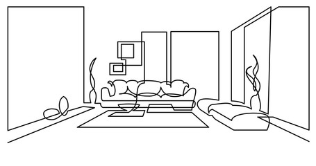 continuous line drawing of living room with couch ottomans coffee table