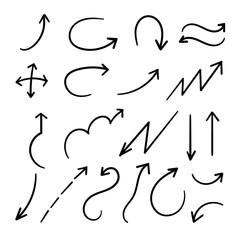 Arrows hand drawn doodle vector set. Sketch arrow design for application, banner, print screen, pen marks, map and typography design guide line.