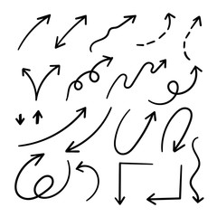 Arrows hand drawn doodle vector set. Sketch arrow design for application, banner, print screen, pen marks, map and typography design guide line.