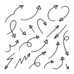 Arrows hand drawn doodle vector set. Sketch arrow design for application, banner, print screen, pen marks, map and typography design guide line.