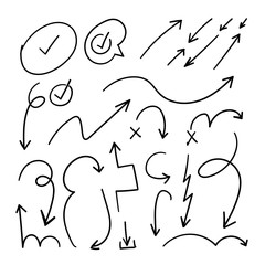 Arrows hand drawn doodle vector set. Sketch arrow design for application, banner, print screen, pen marks, map and typography design guide line.