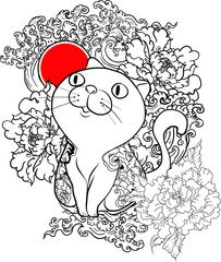 Traditional cat with tattoo idea and rising sun.Japanese cat yakusa with painting dragon tattoo