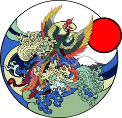 Japanische Pfauentätowierung. Asiatisches Phoenix-Feuervogel-Tätowierungsdesign. Bunte Phoenix-Feuervogel-Malbuchillustration. Handgezeichneter japanischer Tätowierungsstil. © NB-Art-NB