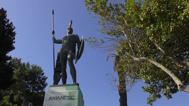 Sculpture "Achilles Victorious" in the park of the Palace of Achilleion. Corfu Island, Greece