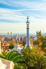 Panoramic view of Park Guell in Barcelona, Catalunya Spain.