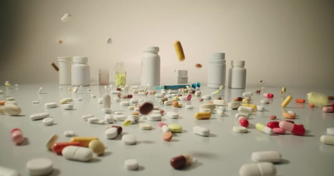 Closeup shot of different pills falling on table with tablets cans and syringes - mosern drug and pharmacy addiction, pharmaceutical industry concept 4k footage