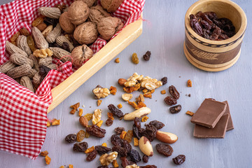 nuts and dried fruits on white background