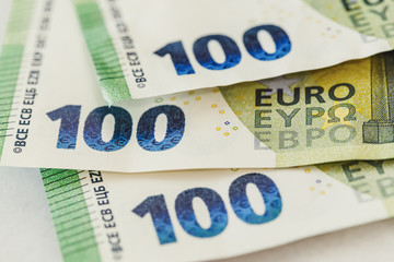 Three hundredth euro banknotes macro closeup. Money or business concept