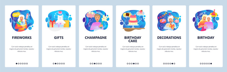 Birthday website and mobile app onboarding screens vector template