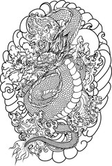 Japanese old dragon tattoo for arm.Hand drawn Dragon with peony flower,lotus,rose and chrysanthemum flower and water splash or Japanese wave traditional style.vector illustration Chinese dragon.