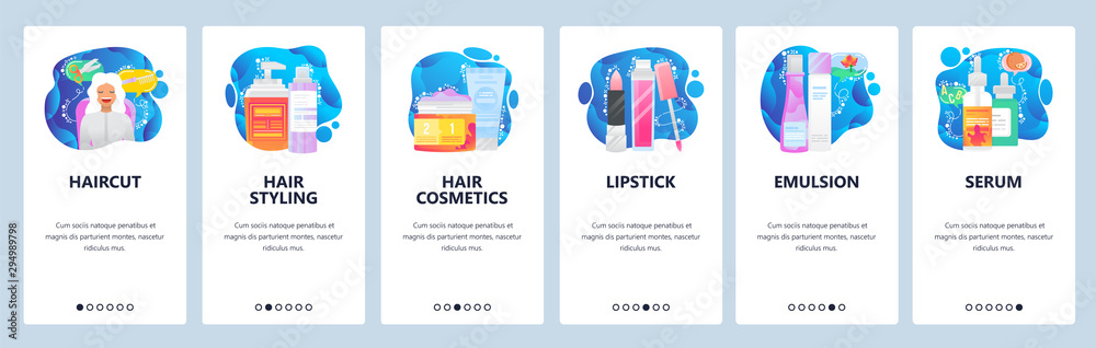 Wall mural cosmetics website and mobile app onboarding screens vector template