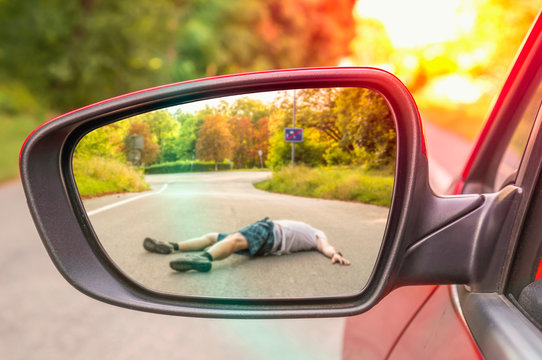 Rearview mirror with a man hit by a car - Powered by Adobe