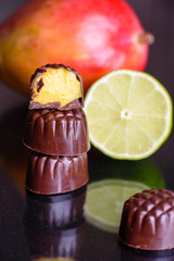 Assortment of fine chocolate candies, white, dark, and milk chocolate sweets background. Copy space. Top view. An assortment of fine chocolates in white, dark, and milk chocolate