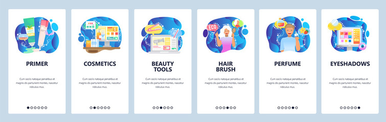 Beauty products website and mobile app onboarding screens vector template