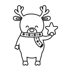 reindeer with scarf holding star decoration merry christmas line style