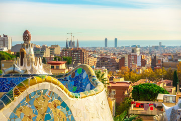 Panoramic view of Park Guell in Barcelona, Catalunya Spain.