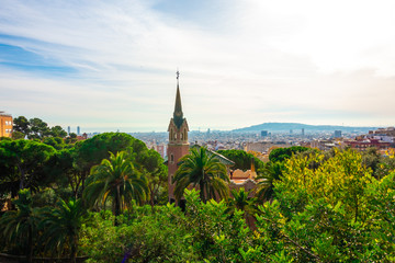 Panoramic view of Park Guell in Barcelona, Catalunya Spain.