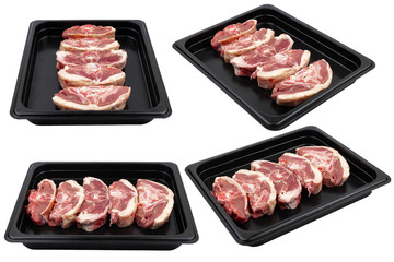 Pieces of fresh raw meat packed in plastic packaging. Ready for sale. White isolated.