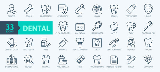 Dental clinic elements - thin line web icon set. Outline icons collection. Simple vector illustration.